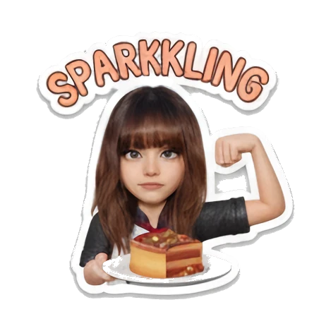 Girl chef holding cake, flexing, SPARKKLING Little Chef Adventures sticker for expressive chats and social replies.