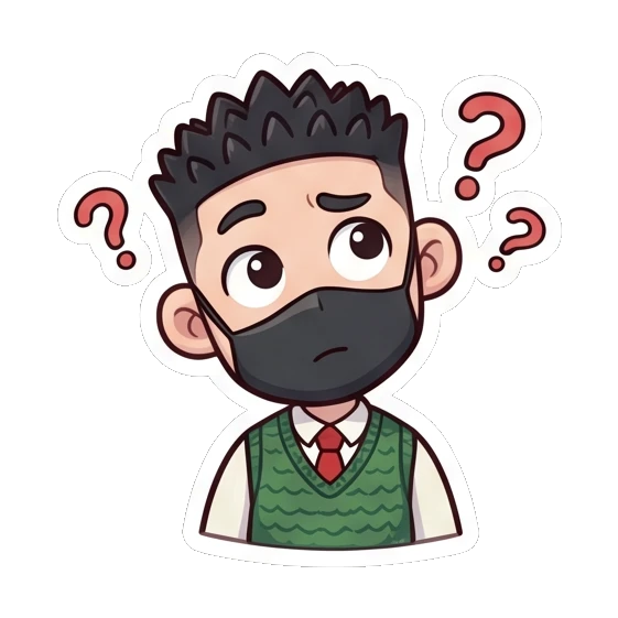 Confused boy with question marks around head Cheerful Masked Student sticker for expressive chats and social replies.