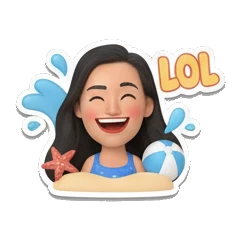 Girl laughing with beach ball, text LOL Summer Beach Girl Vibes sticker for expressive chats and social replies.