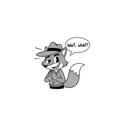 Detective fox looking surprised with a speech bubble saying Wait, what? Vintage Detective Fox sticker for expressive chats and social replies.