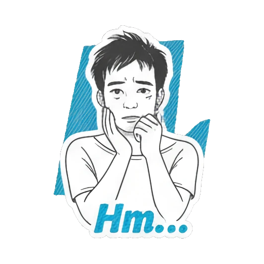Young man resting chin on hands looking thoughtful with text Hm.... Daily Moods of a Young Man sticker for expressive chats and social replies.