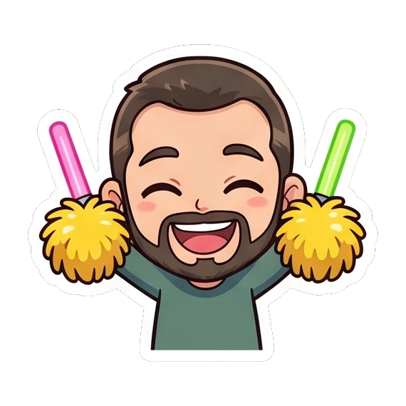 Bearded man cheering with pom-poms Cheerful Bearded Guy sticker for expressive chats and social replies.