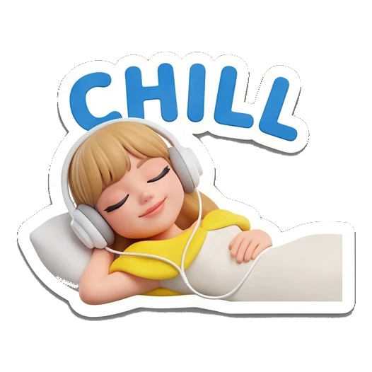 Blonde girl wearing headphones, relaxing, chill expression. Golden Girl Daily Vibes sticker for expressive chats and social replies.