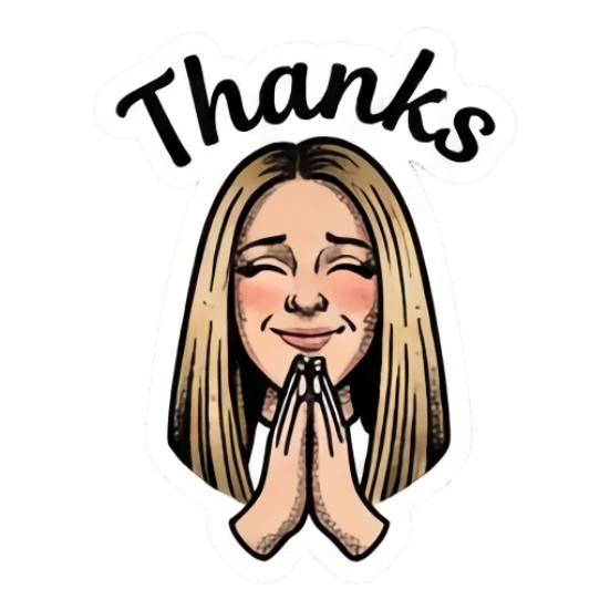Blonde girl with hands in prayer pose and text 'Thanks' Vintage Blonde Expressionist sticker for expressive chats and social replies.