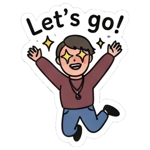 Excited person jumping with star eyes and 'Let's go!' text. Daily Moods of a Cool Student sticker for expressive chats and social replies.