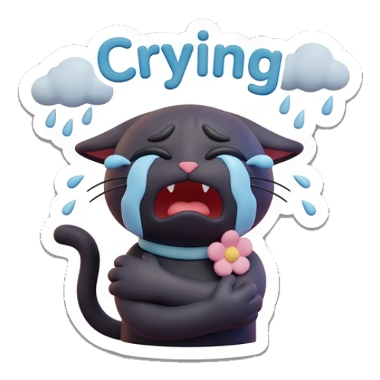 Sad black cat under a rain cloud, text Crying. Playful Black Cat Daily sticker for expressive chats and social replies.