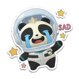Panda in astronaut helmet crying with 'SAD' text. Cosmic Panda Adventures sticker for expressive chats and social replies.