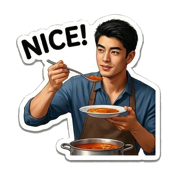 男生在厨房品尝美味汤品 Culinary Couple Moments sticker for expressive chats and social replies.
