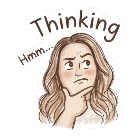 Girl resting chin on hand, thinking, text Thinking Charming Doodle Girl Expressions sticker for expressive chats and social replies.