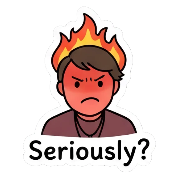 Angry boy with fire on head saying Seriously Daily Doodle Boy sticker for expressive chats and social replies.