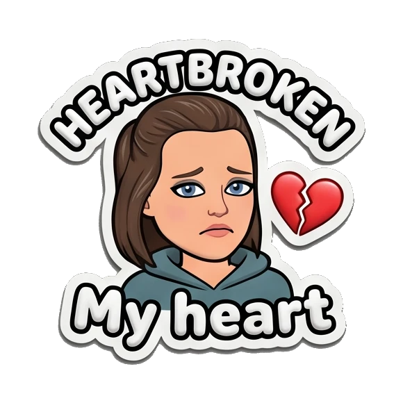 Young woman looking heartbroken with a broken heart icon and HEARTBROKEN text. Playful Girl Daily Expressions sticker for expressive chats and social replies.