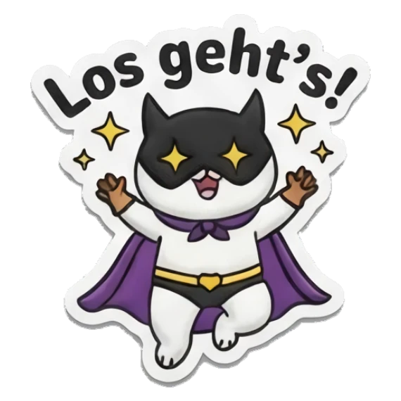 White cat superhero with cape flying, Los geht's! Spooky Cute Cat Halloween Vibes sticker for expressive chats and social replies.