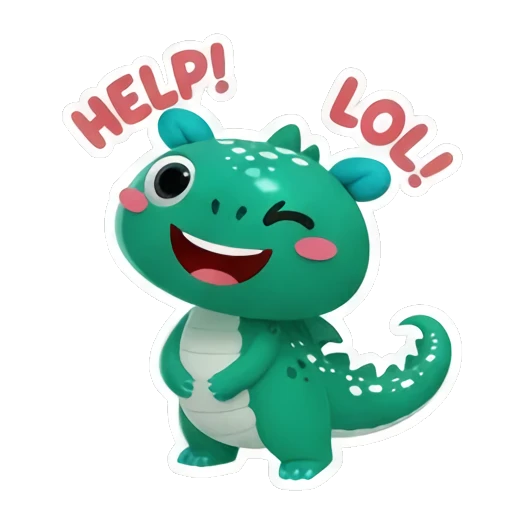 Green dinosaur laughing with LOL and HELP text Little Green Dino Adventures sticker for expressive chats and social replies.