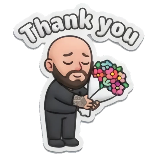 Bearded man holding a bouquet of flowers, text Thank you Bearded Buddy Daily Vibes sticker for expressive chats and social replies.