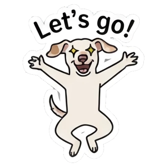 Joyful puppy jumping with arms wide open and text Let's go! Playful Spotted Puppy Expressions sticker for expressive chats and social replies.