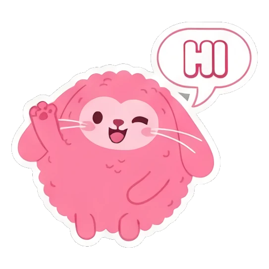 Pink bunny waving hello with 'HI' text. Pink Fluffy Bunny Emotions sticker for expressive chats and social replies.