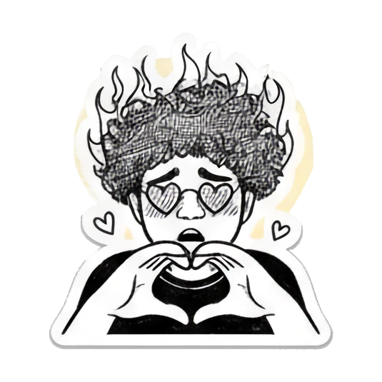 Curly-haired boy making heart shape with hands and heart eyes. Curly Hair Doodle Vibes sticker for expressive chats and social replies.