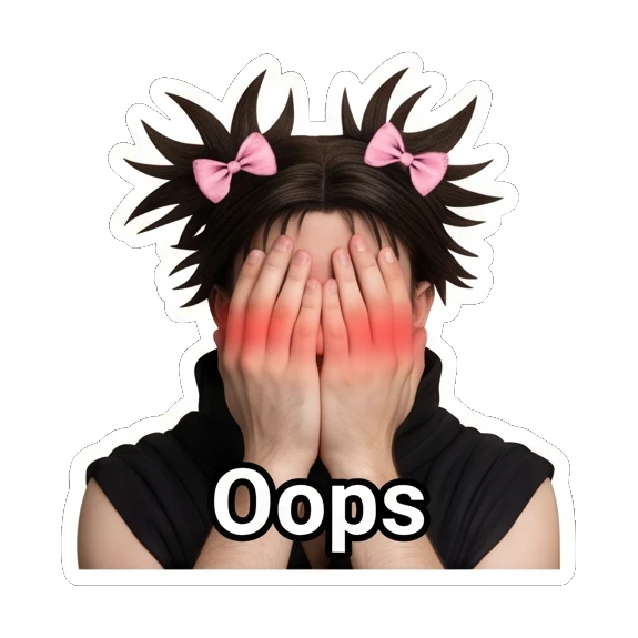 Embarrassed young man covering face with hands and blushing with text Oops Spiky Hair Boy Reactions sticker for expressive chats and social replies.