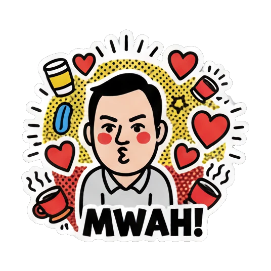 Man blowing a kiss, text MWAH! Cheerful Office Guy sticker for expressive chats and social replies.