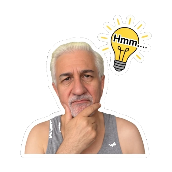 Man thinking with a lightbulb icon and 'Hmm...' text. Silver Fox Daily Vibes sticker for expressive chats and social replies.