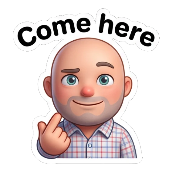 Bald man gesturing come here with a finger. Bald Guy Daily Vibes sticker for expressive chats and social replies.