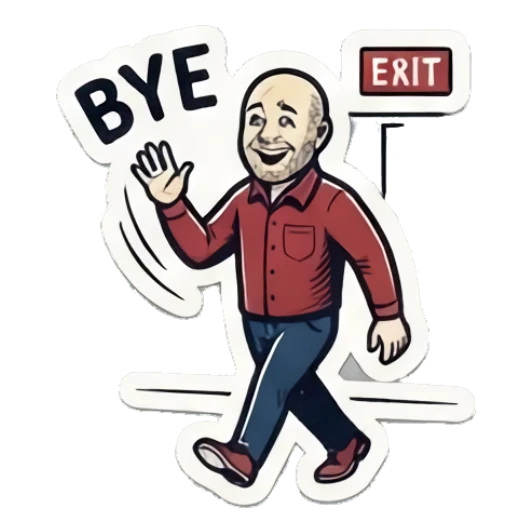 Bald man waving goodbye walking towards an exit, text BYE Bald Guy Daily Vibes sticker for expressive chats and social replies.