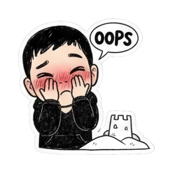 Shy boy blushing with hands on cheeks and 'OOPS' text. Cool Boy Doodle Diary sticker for expressive chats and social replies.