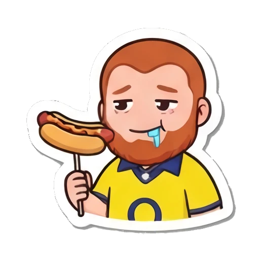 Red-bearded man drooling while holding a hot dog. Red-Bearded Football Fan sticker for expressive chats and social replies.