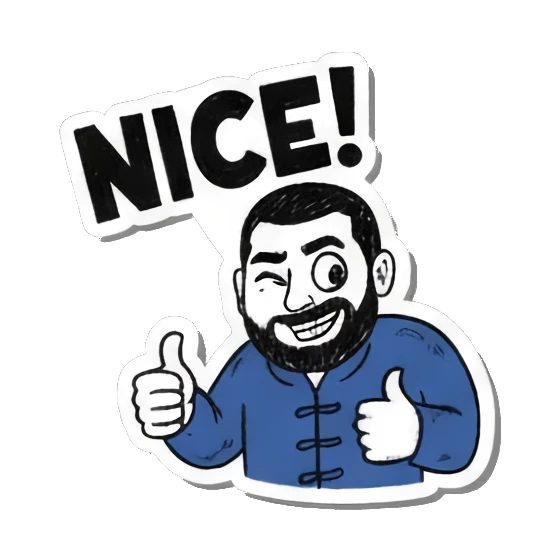 Happy man giving thumbs up, "NICE!" Bearded Guy's Moods sticker for expressive chats and social replies.