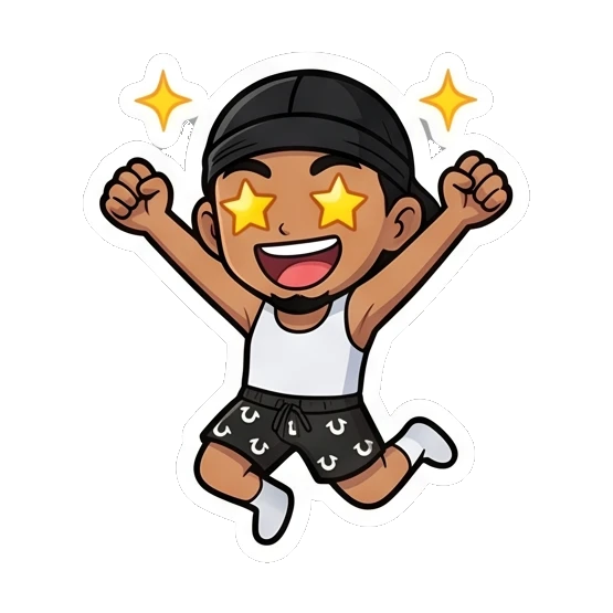 Excited guy jumping in the air with star-shaped eyes Cool Guy Daily Vibes sticker for expressive chats and social replies.