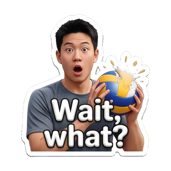 Surprised player holding volleyball, text Wait what? Volleyball Boy Daily Life sticker for expressive chats and social replies.