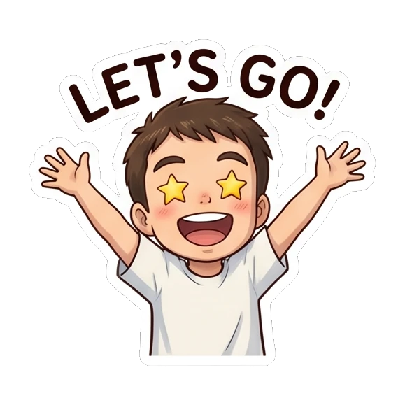 Excited boy with star-shaped eyes and arms raised. Daily Life of a Chibi Boy sticker for expressive chats and social replies.