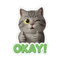 Gray tabby cat winking and giving thumbs up with OKAY! text Cheerful Gray Tabby Cat sticker for expressive chats and social replies.