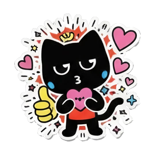 Black cat holding a heart, looking sweet with KISS text. Keith Haring Style Black Cat sticker for expressive chats and social replies.