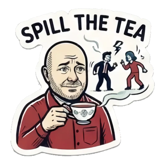 Bald man sipping tea while gossiping, text SPILL THE TEA Bald Guy Daily Vibes sticker for expressive chats and social replies.