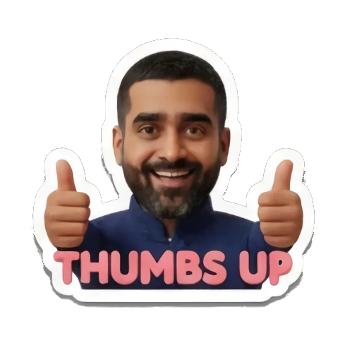 Bearded man giving double thumbs up with text THUMBS UP Cheerful Bearded Professional sticker for expressive chats and social replies.