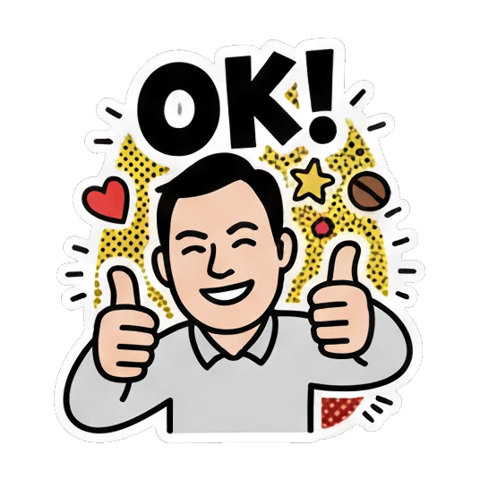 Man smiling with thumbs up, text OK! Cheerful Office Guy sticker for expressive chats and social replies.