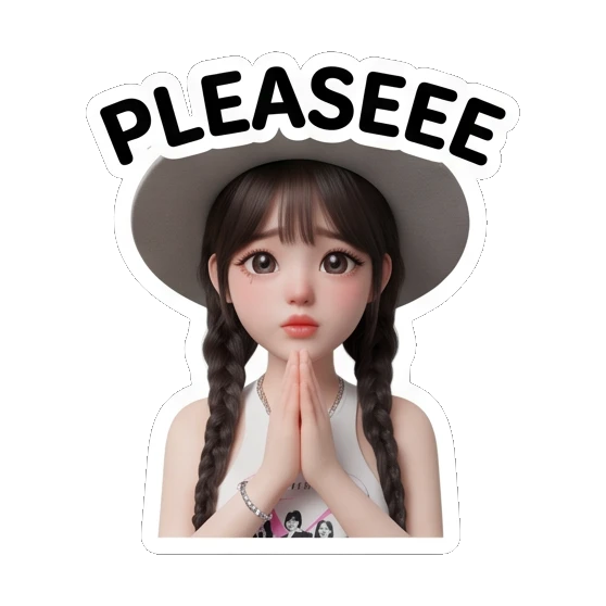 Girl with hat pleading, text PLEASEEE Chic Hat Girl Expressions sticker for expressive chats and social replies.