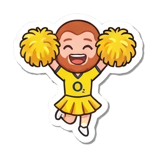 Red-bearded man cheering with yellow pom-poms. Red-Bearded Football Fan sticker for expressive chats and social replies.