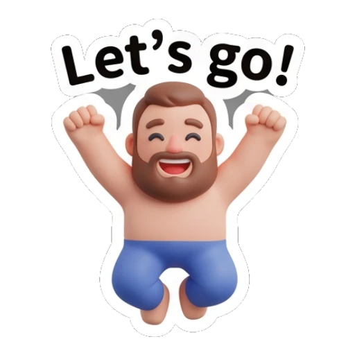Bearded man jumping with arms raised in excitement saying Let's go. Bearded Buddy Expressions sticker for expressive chats and social replies.