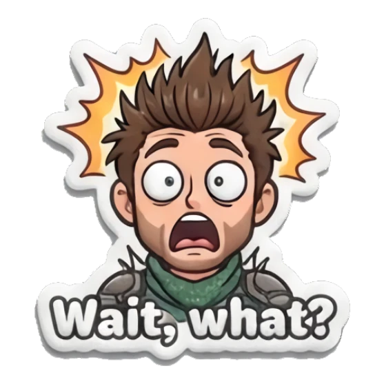 Shocked hero with spiky hair and wide eyes saying Wait what. Heroic Daily Vibes sticker for expressive chats and social replies.