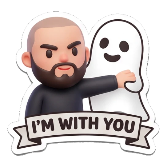 Bearded man hugging a cute ghost, text I'M WITH YOU Bearded Buddy Expressions sticker for expressive chats and social replies.