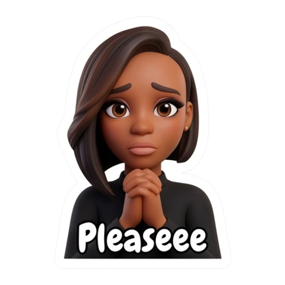 Woman pleading with hands together, text says Pleaseee. Modern Chic Expressions sticker for expressive chats and social replies.