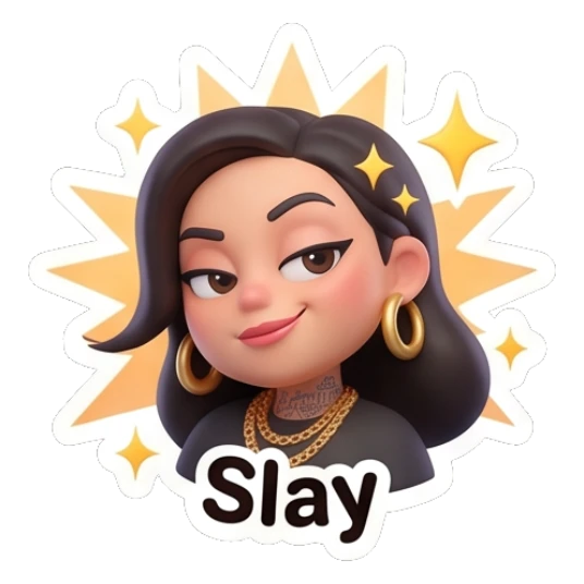 Confident girl posing with star background, text Slay. Chic Urban Girl Vibes sticker for expressive chats and social replies.