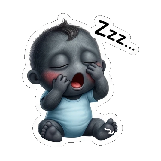 Baby monster yawning and rubbing eyes, labeled SLEEPING Furry Monster Family Life sticker for expressive chats and social replies.