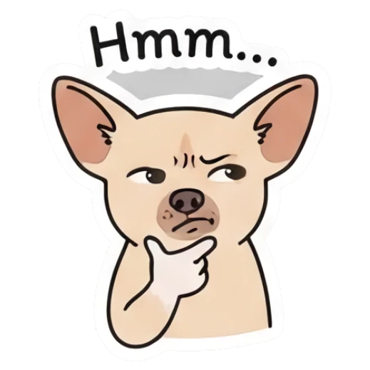 Chihuahua looking thoughtful with a finger on its chin Chihuahua Moods sticker for expressive chats and social replies.