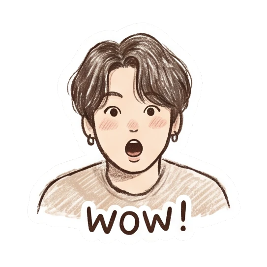 Boy looking surprised with mouth open, text WOW! Crayon Boy Daily Moods sticker for expressive chats and social replies.
