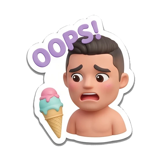 Shocked boy dropping ice cream with OOPS text Summer Vibes Boy sticker for expressive chats and social replies.
