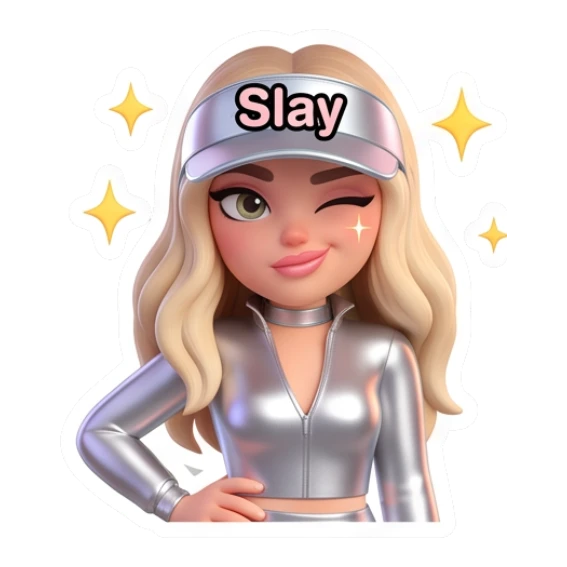 Blonde girl wearing cap winking with Slay text Blonde Girl Daily Vibes sticker for expressive chats and social replies.