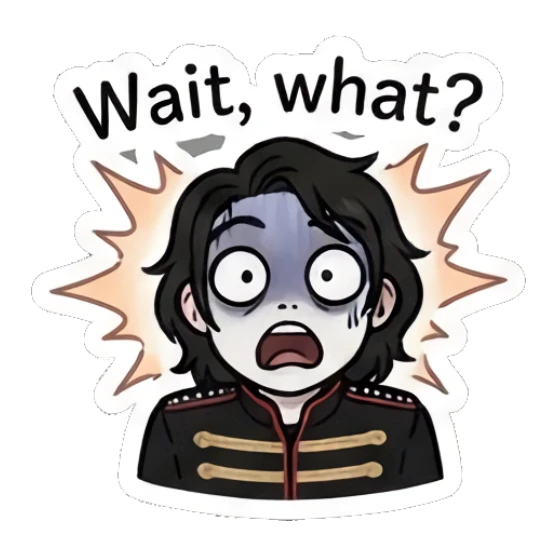 Rocker boy looking shocked with wide eyes and 'Wait, what?' text. Emo Rocker Daily Vibes sticker for expressive chats and social replies.